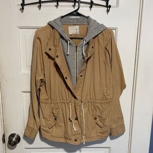 Life in Progress Tan Utility Jacket with Gray Hood